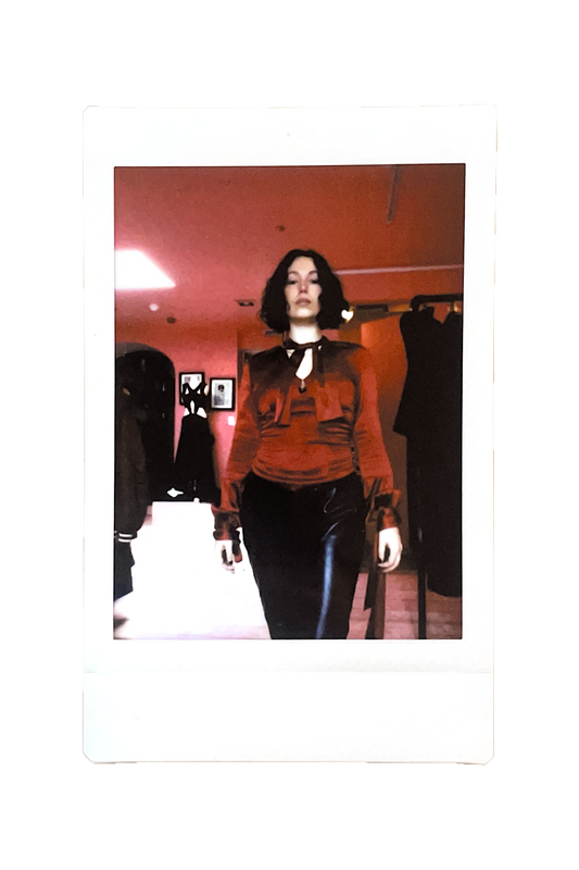 kelly in Vintage F/W 2003 red silk corset blouse