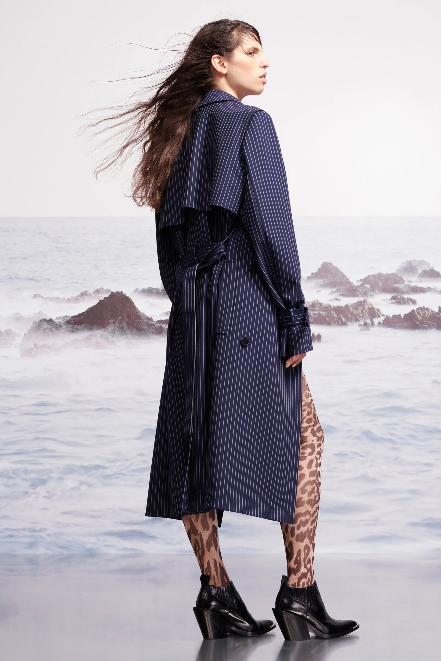 Paco Rabanne Resort 2019 Pinstripe Navy Blue Wool Trench Coat