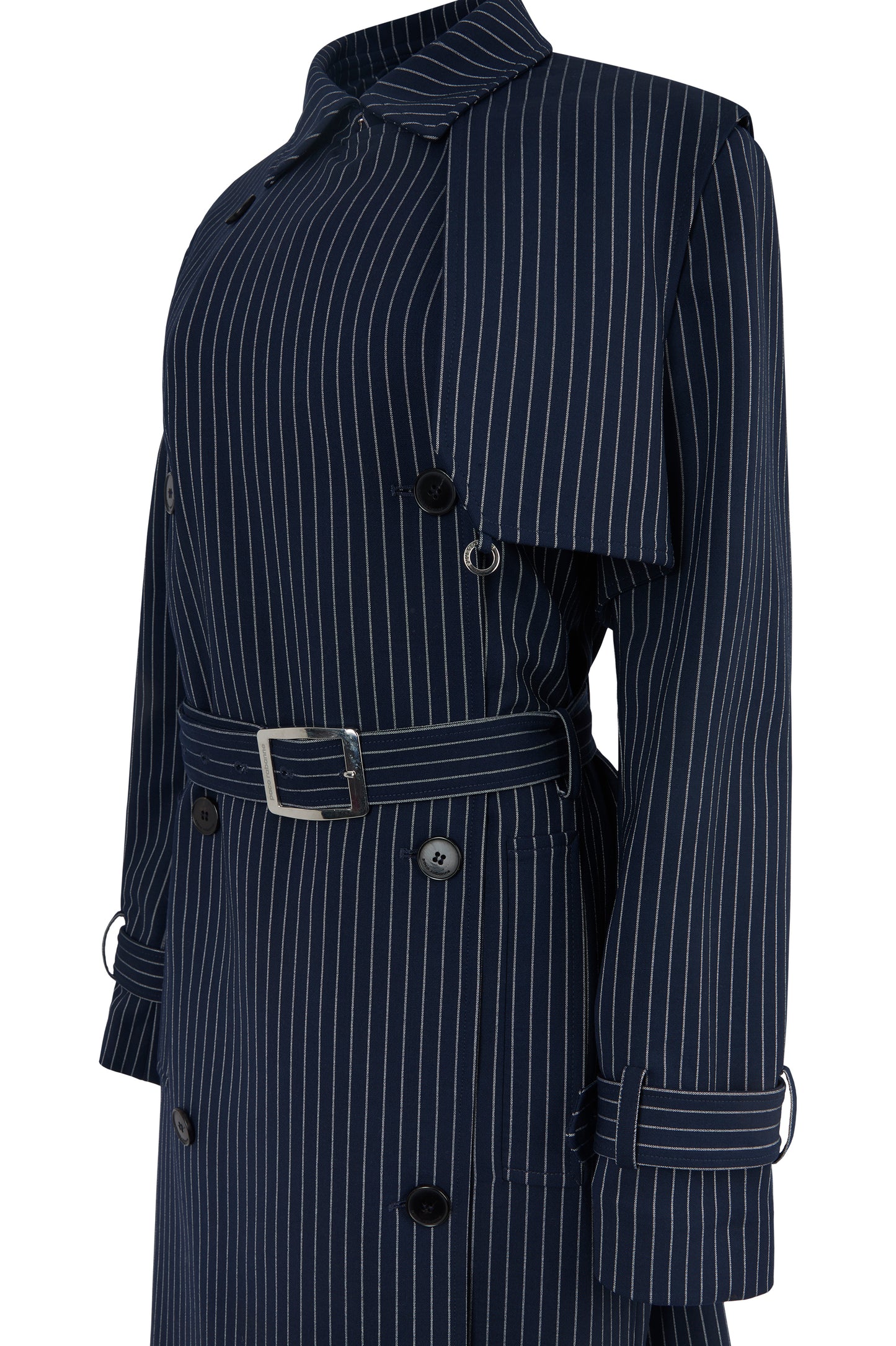 Paco Rabanne Resort 2019 Pinstripe Navy Blue Wool Trench Coat