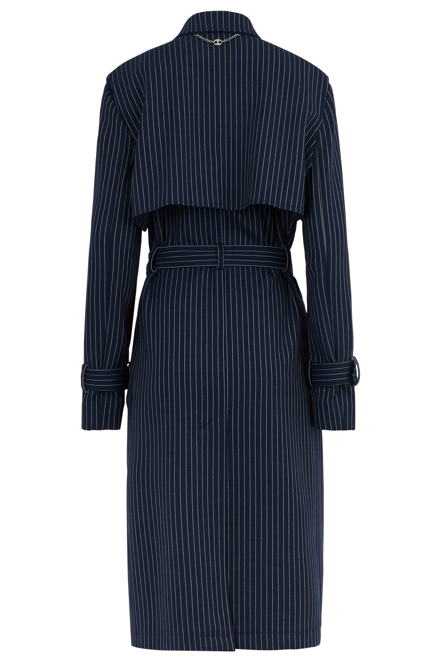 Paco Rabanne Resort 2019 Pinstripe Navy Blue Wool Trench Coat