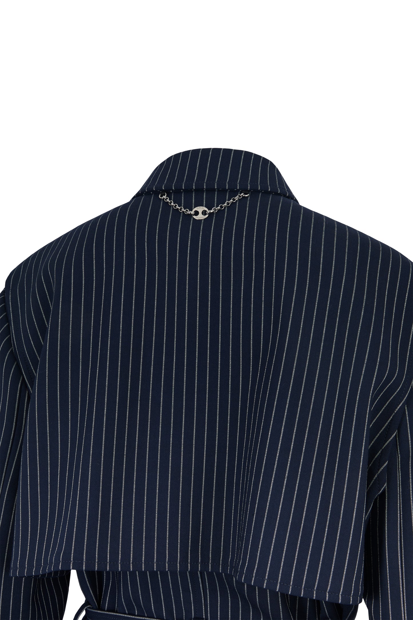 Paco Rabanne Resort 2019 Pinstripe Navy Blue Wool Trench Coat