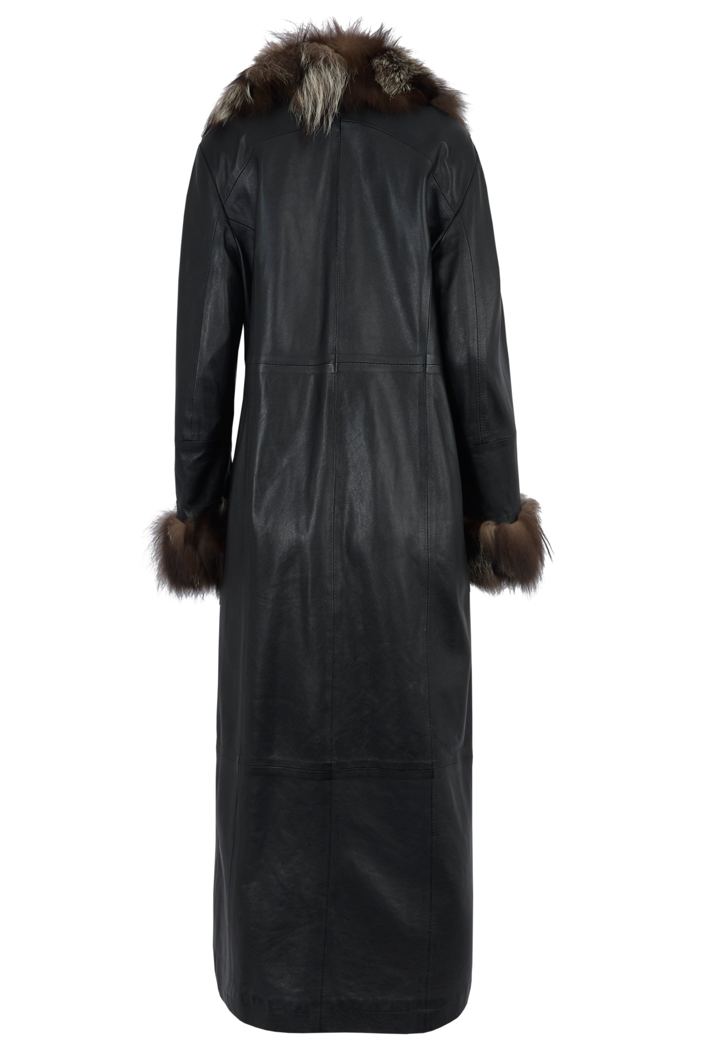 Vintage 2000's Fur Trim Brown Leather Maxi Coat