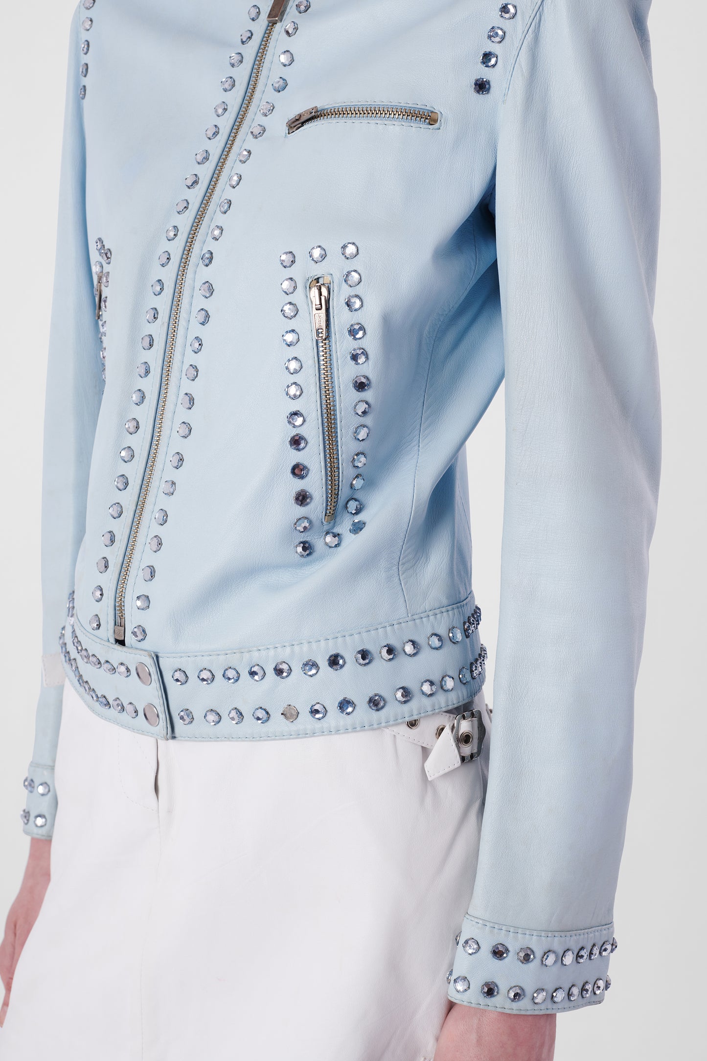 Vintage 2000's Baby Blue Diamante Leather Jacket