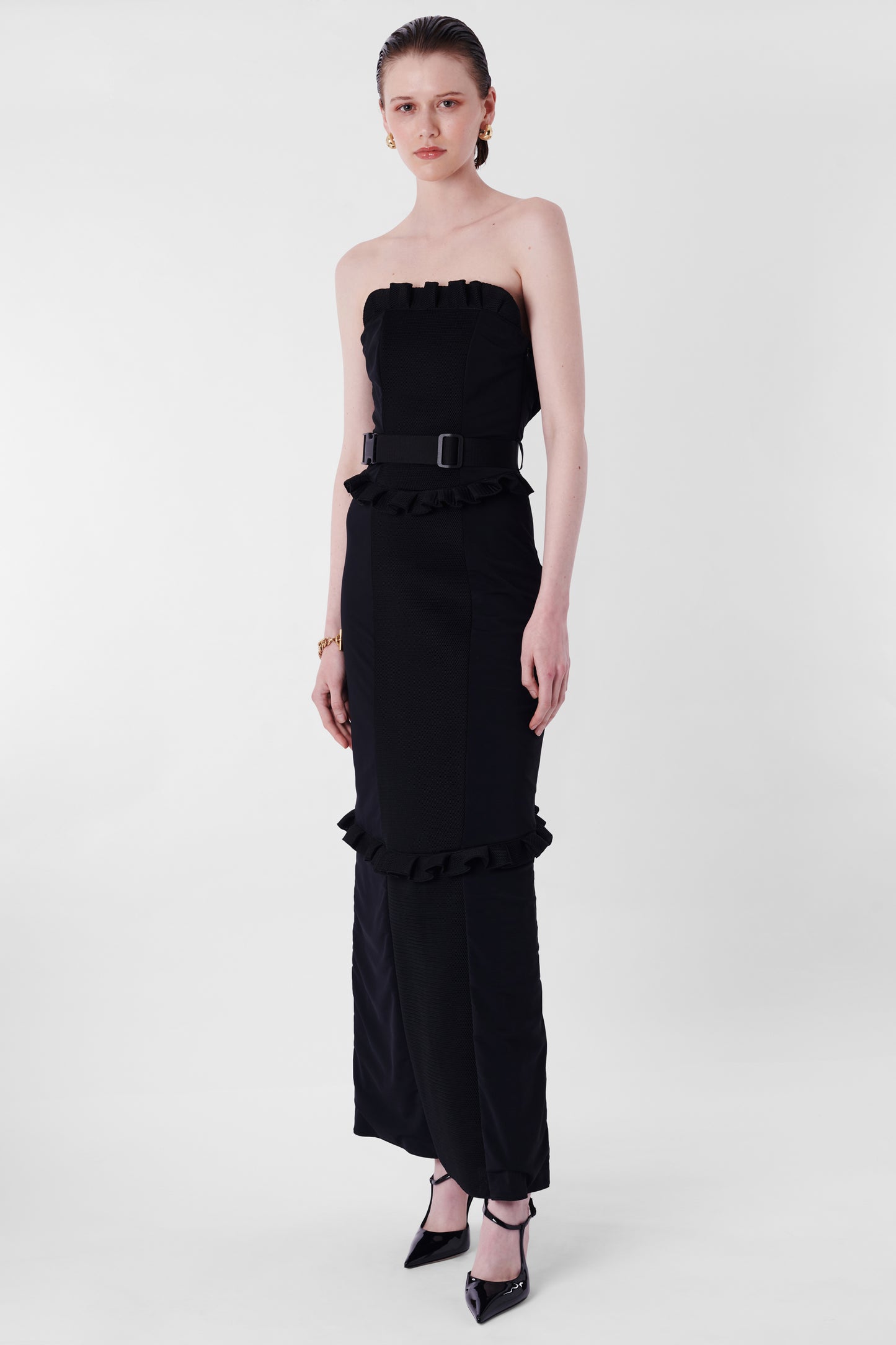 Vintage F/W 1999 Runway Black Ruffled Strapless Maxi Dress