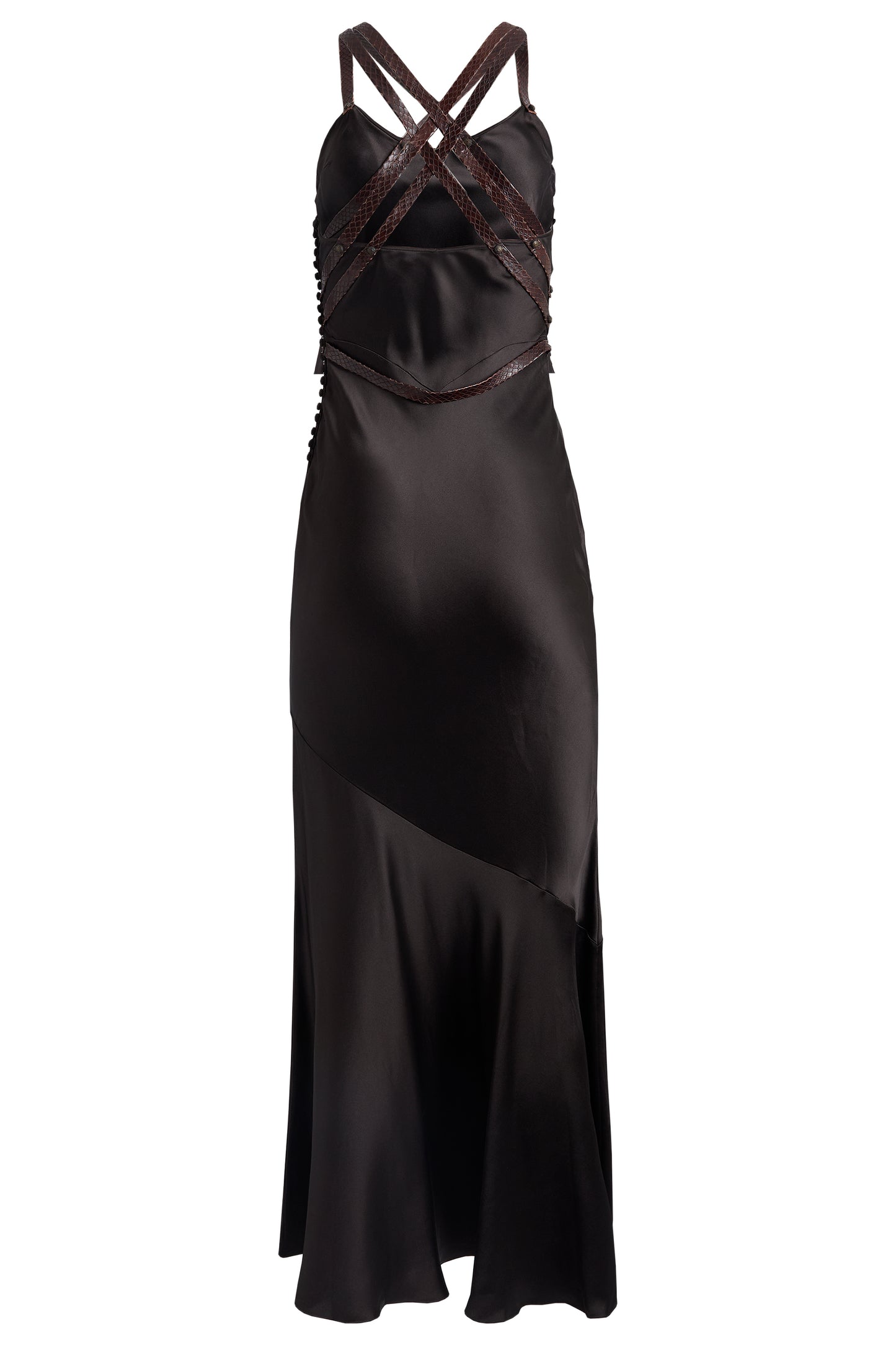 Vintage Christian Dior S/S 2001 Brown Bias Cut Leather Strap Gown