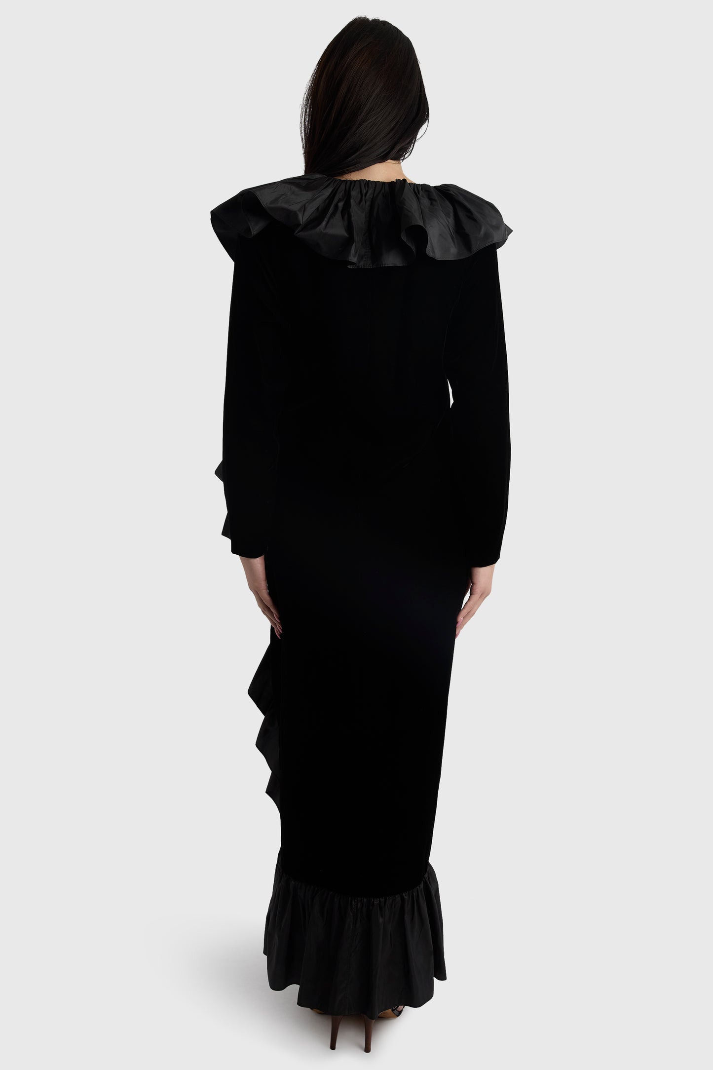 Vintage 1980's Yves Saint Laurent Black Velvet & Taffeta Ruffle Dress
