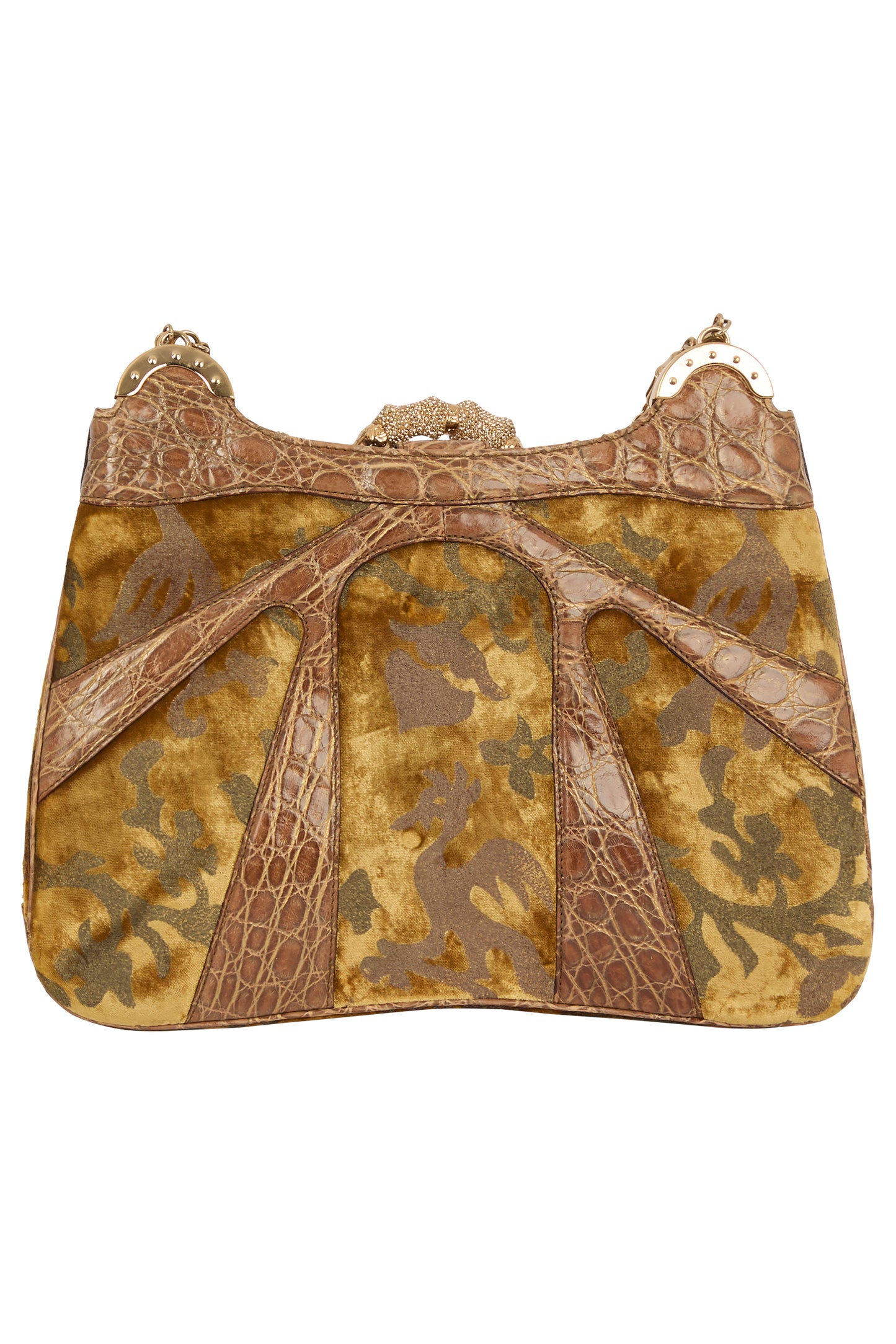 Vintage Gucci F/W 2004 Crocodile & Velvet Gold Dragon Print Shoulder Bag