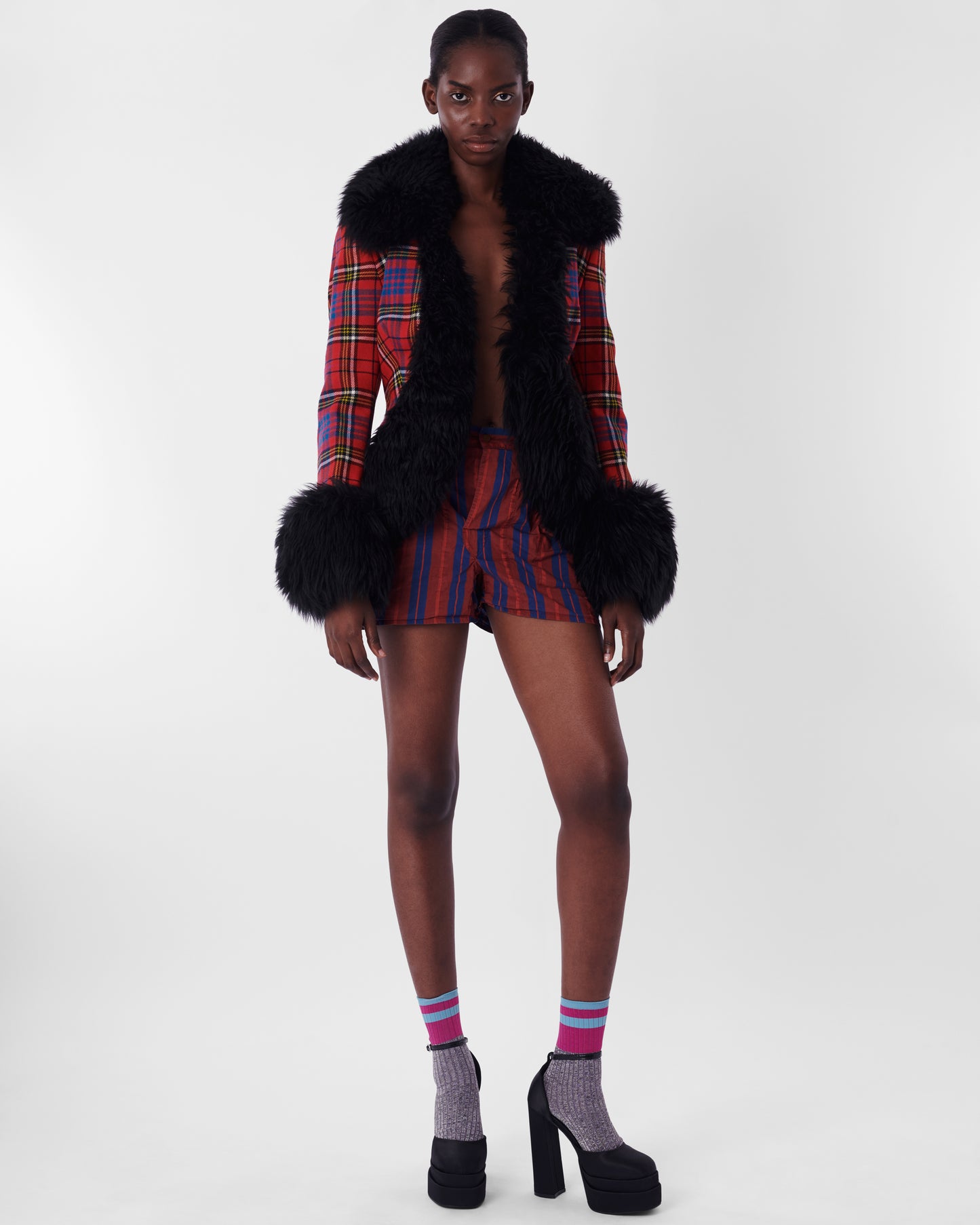 Vintage F/W 1993 Red Tartan Jacket with Oversized Sheepskin Collar