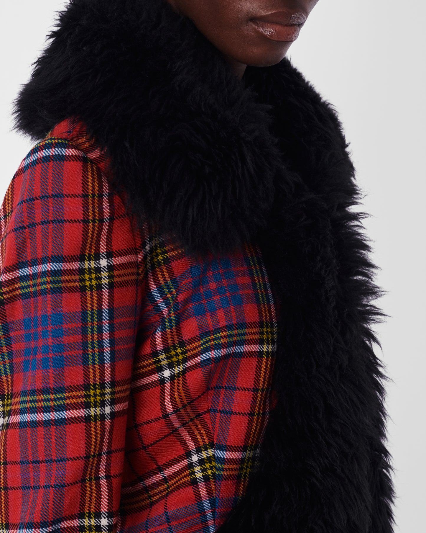 Vintage F/W 1993 Red Tartan Jacket with Oversized Sheepskin Collar