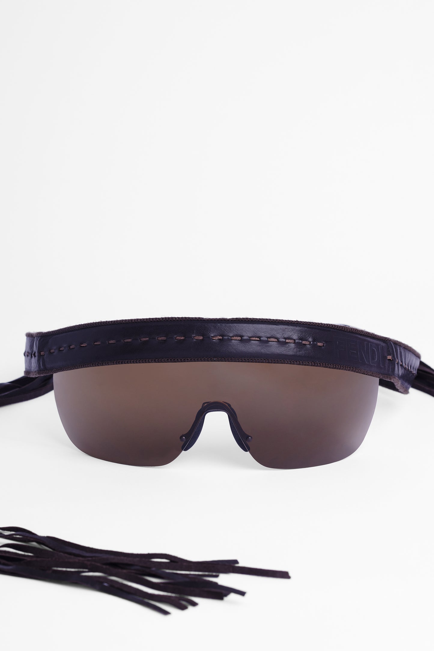 1990's Brown Leather Tassel Shield Sunglasses