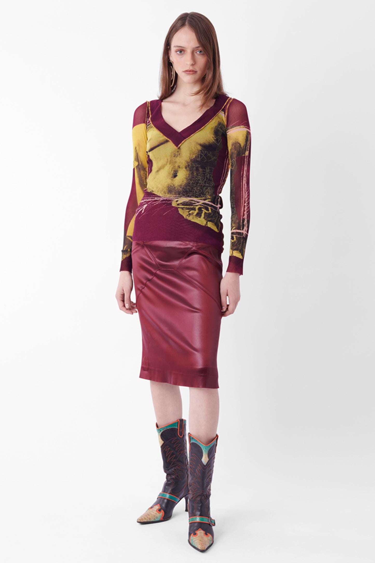 Vintage Venus Print V-Neck Mesh Top