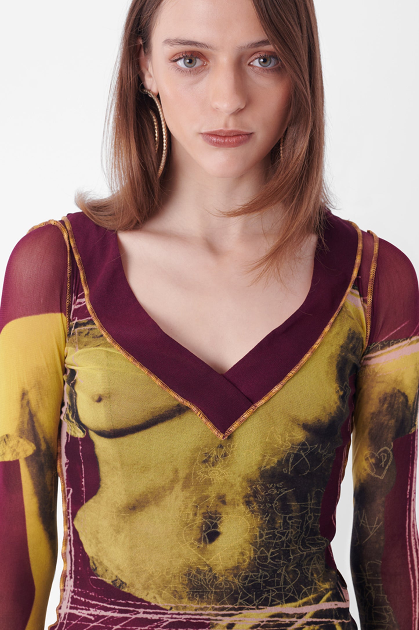 Vintage Venus Print V-Neck Mesh Top
