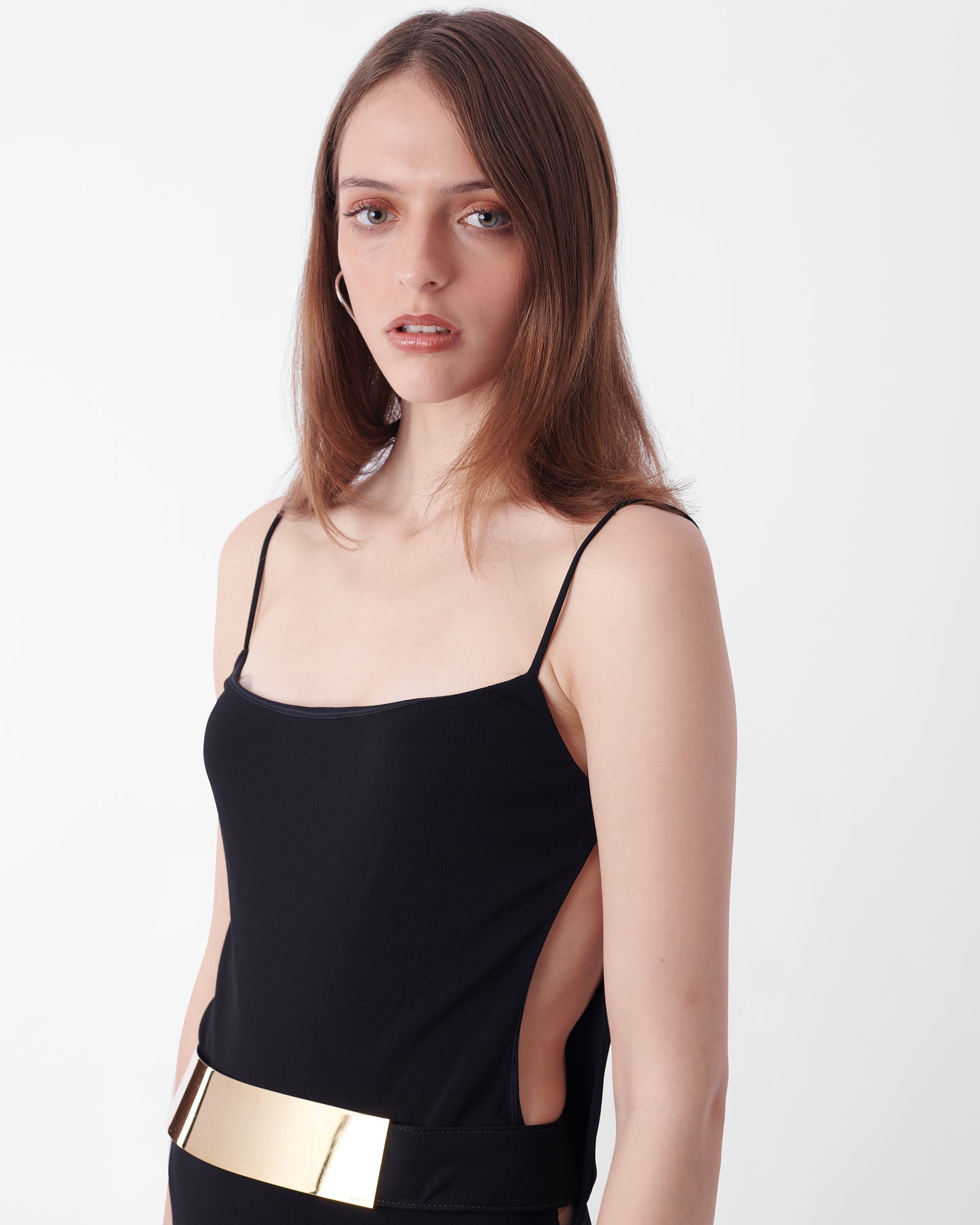 Vintage FW 1996 Runway Black Maxi Strappy Dress With Gold Belt