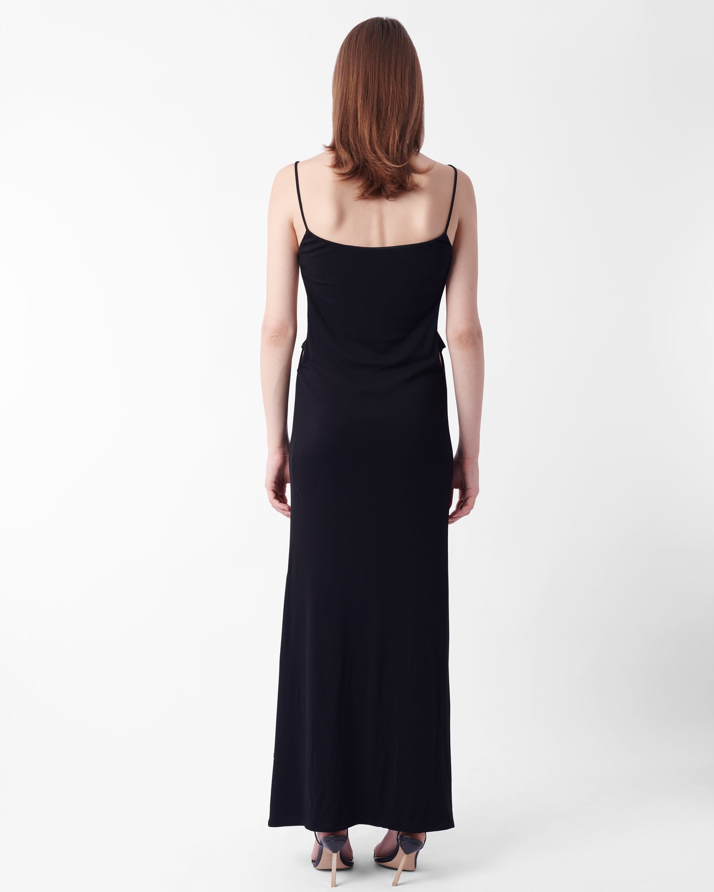 Vintage FW 1996 Runway Black Maxi Strappy Dress With Gold Belt