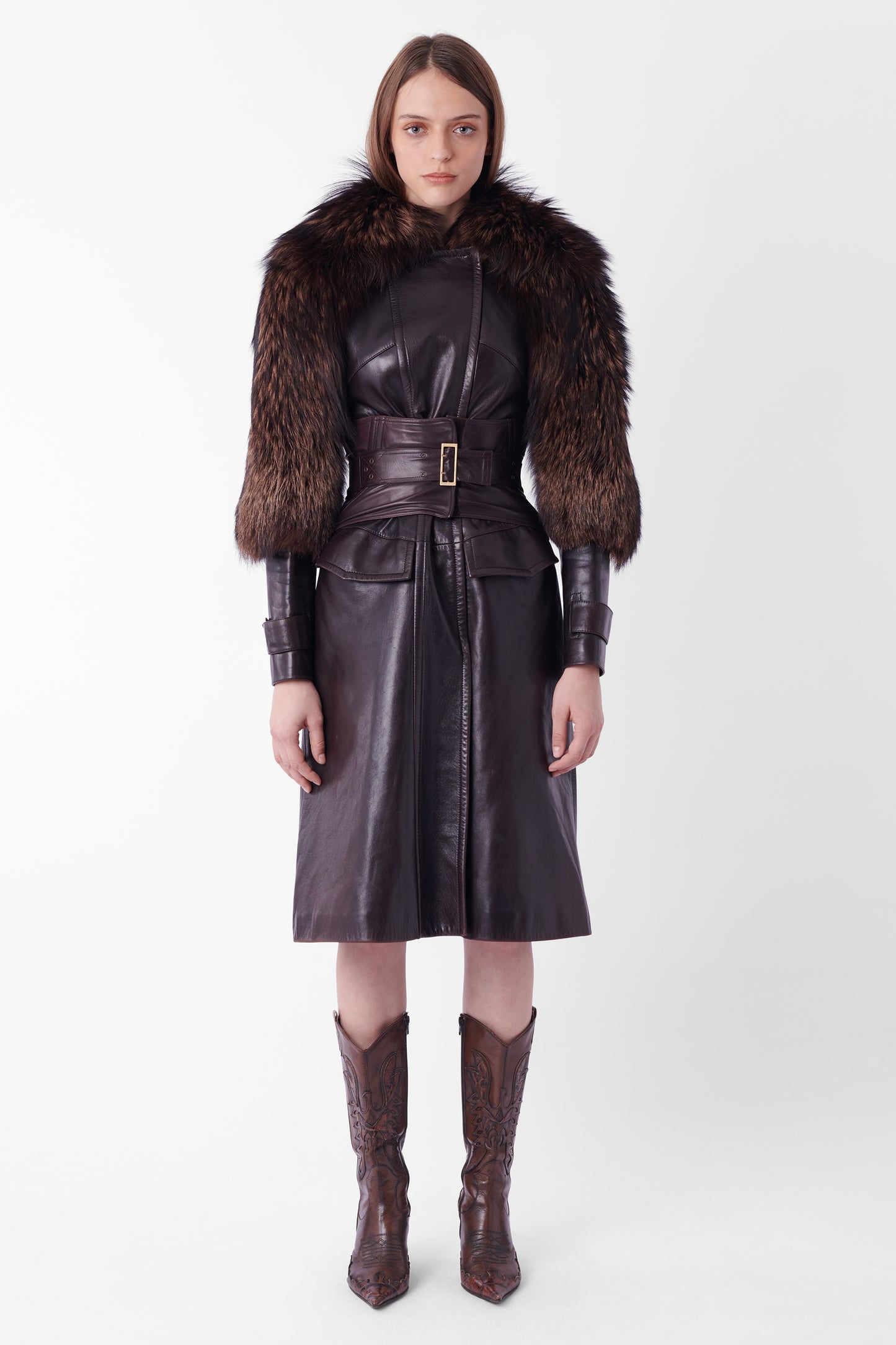 Vintage F/W 2003 Runway Leather Coat with Fur & Leather Corset Belt