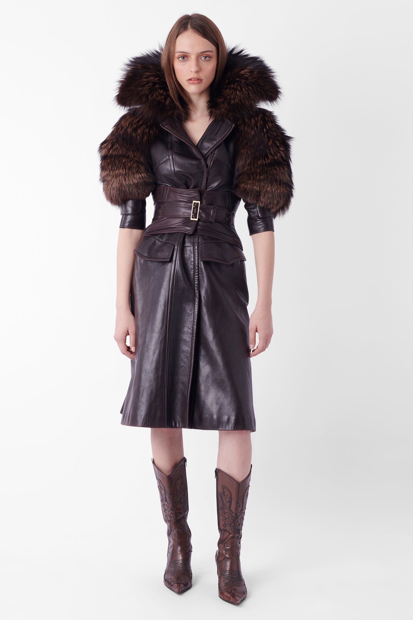 Vintage F/W 2003 Runway Leather Coat with Fur & Leather Corset Belt