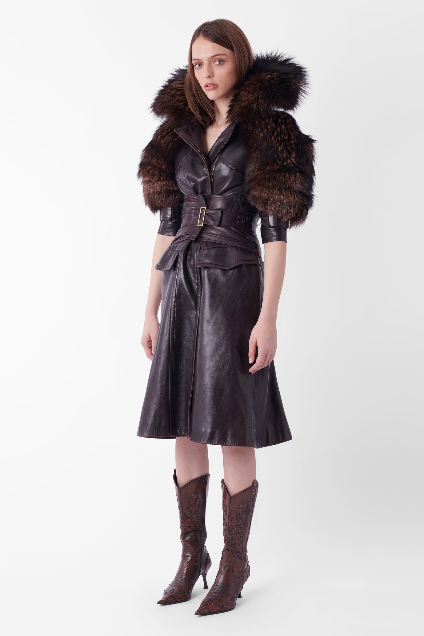 Vintage F/W 2003 Runway Leather Coat with Fur & Leather Corset Belt