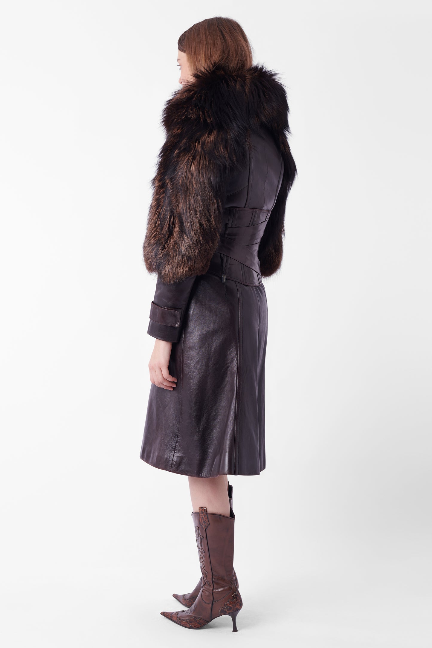 Vintage F/W 2003 Runway Leather Coat with Fur & Leather Corset Belt