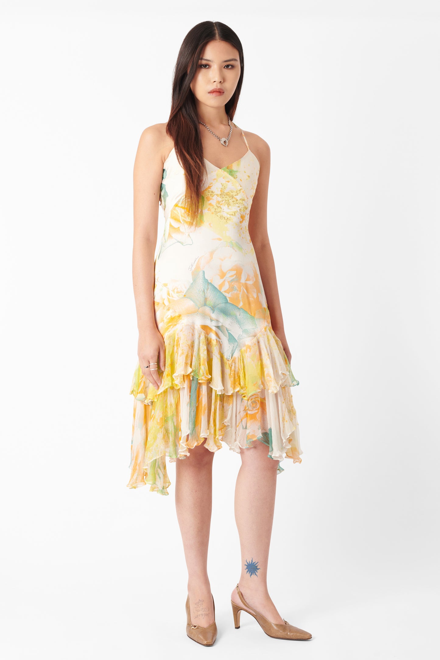 Vintage 2004 Yellow Printed Racerback Silk Dress