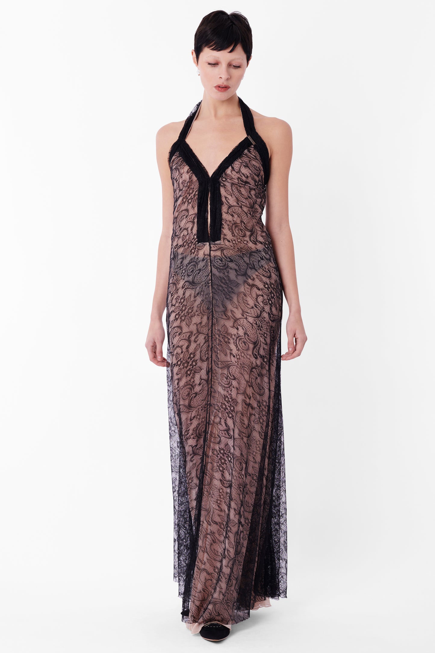 Vintage Black Maxi Lace Halterneck Dress