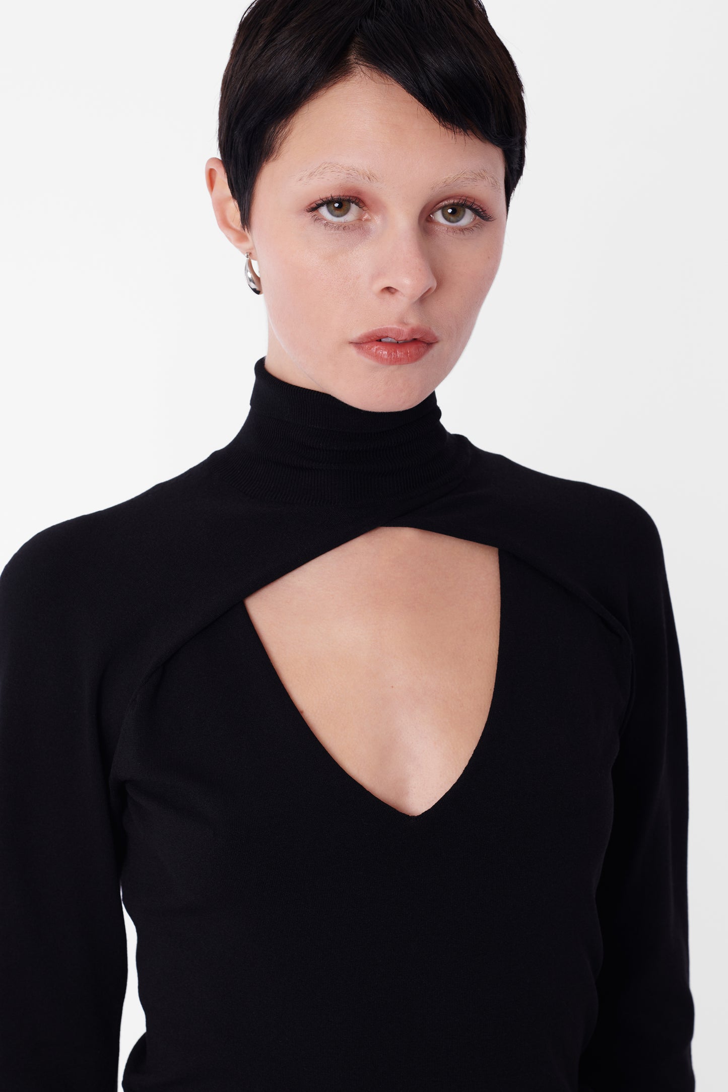 Vintage Cutout Turtleneck Long Sleeve Silk Top
