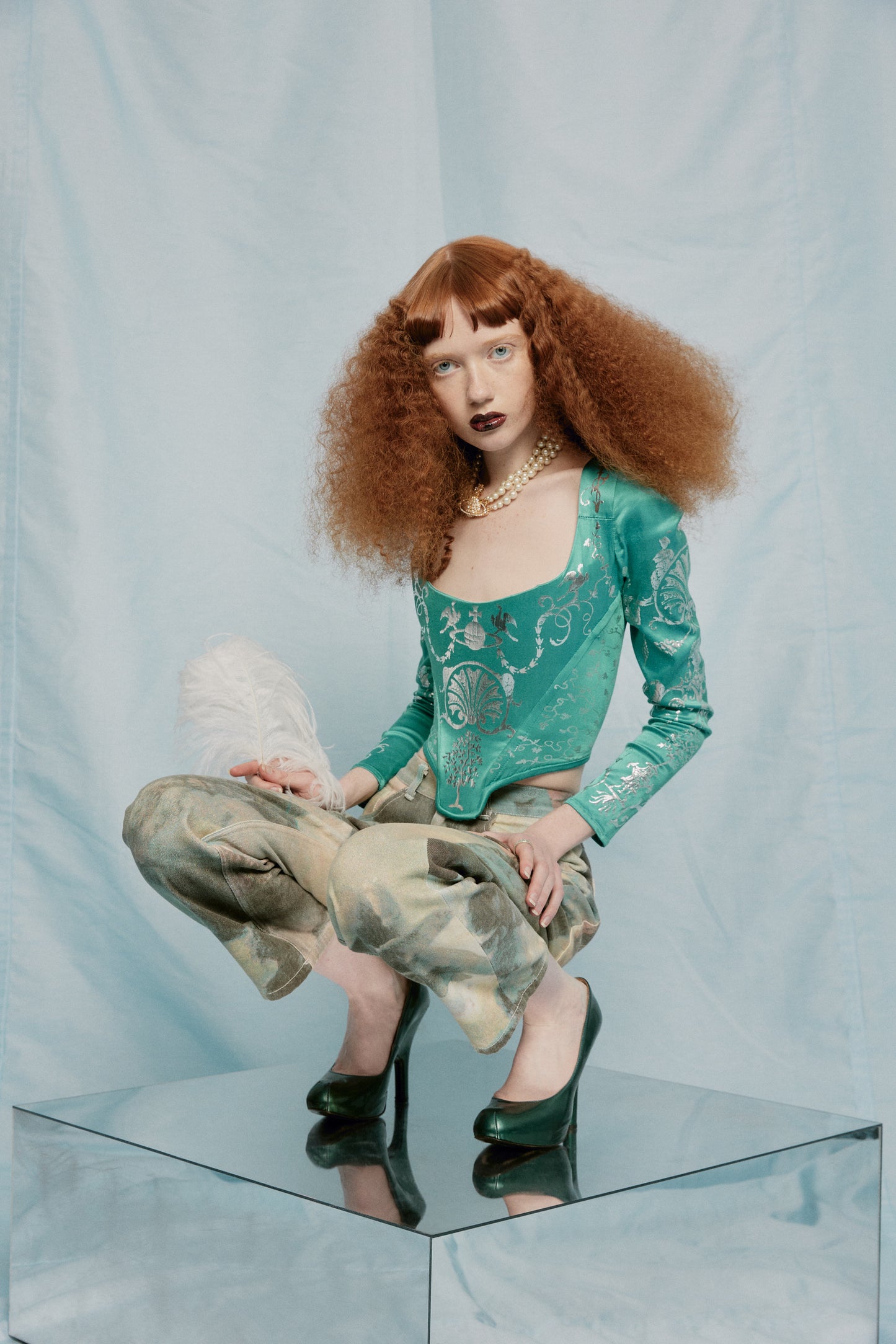 S/S 1992 Runway Salon Long Sleeve Turquoise 'Boulle' Corset