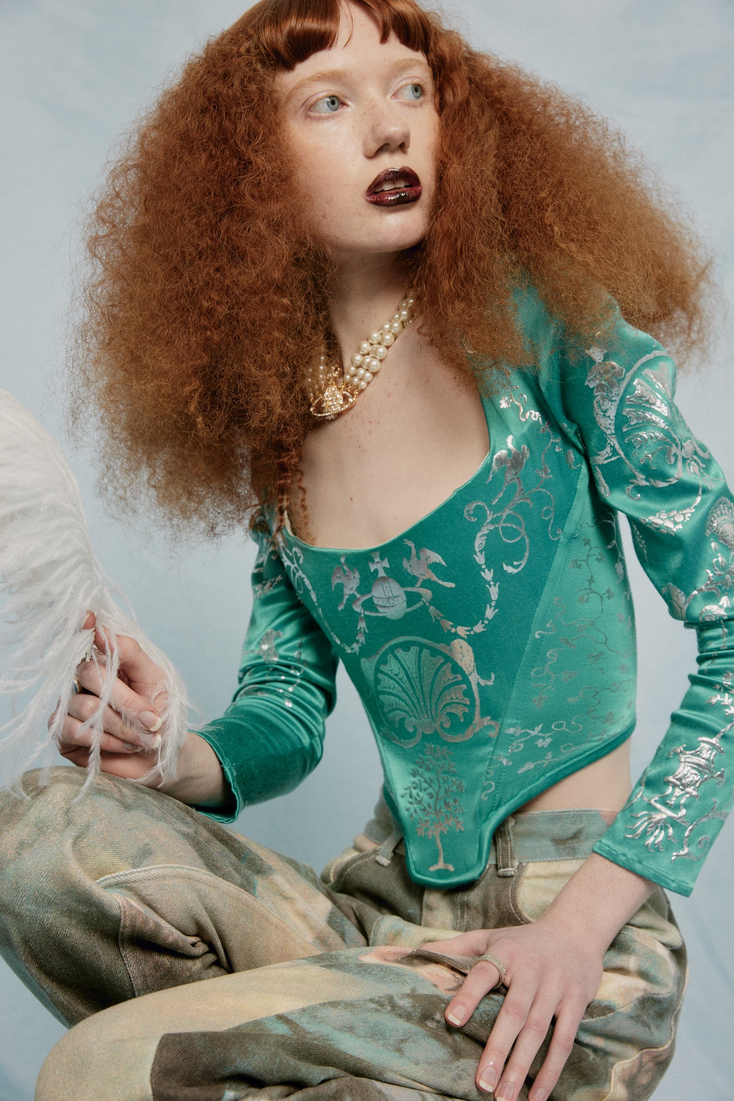 S/S 1992 Runway Salon Long Sleeve Turquoise 'Boulle' Corset