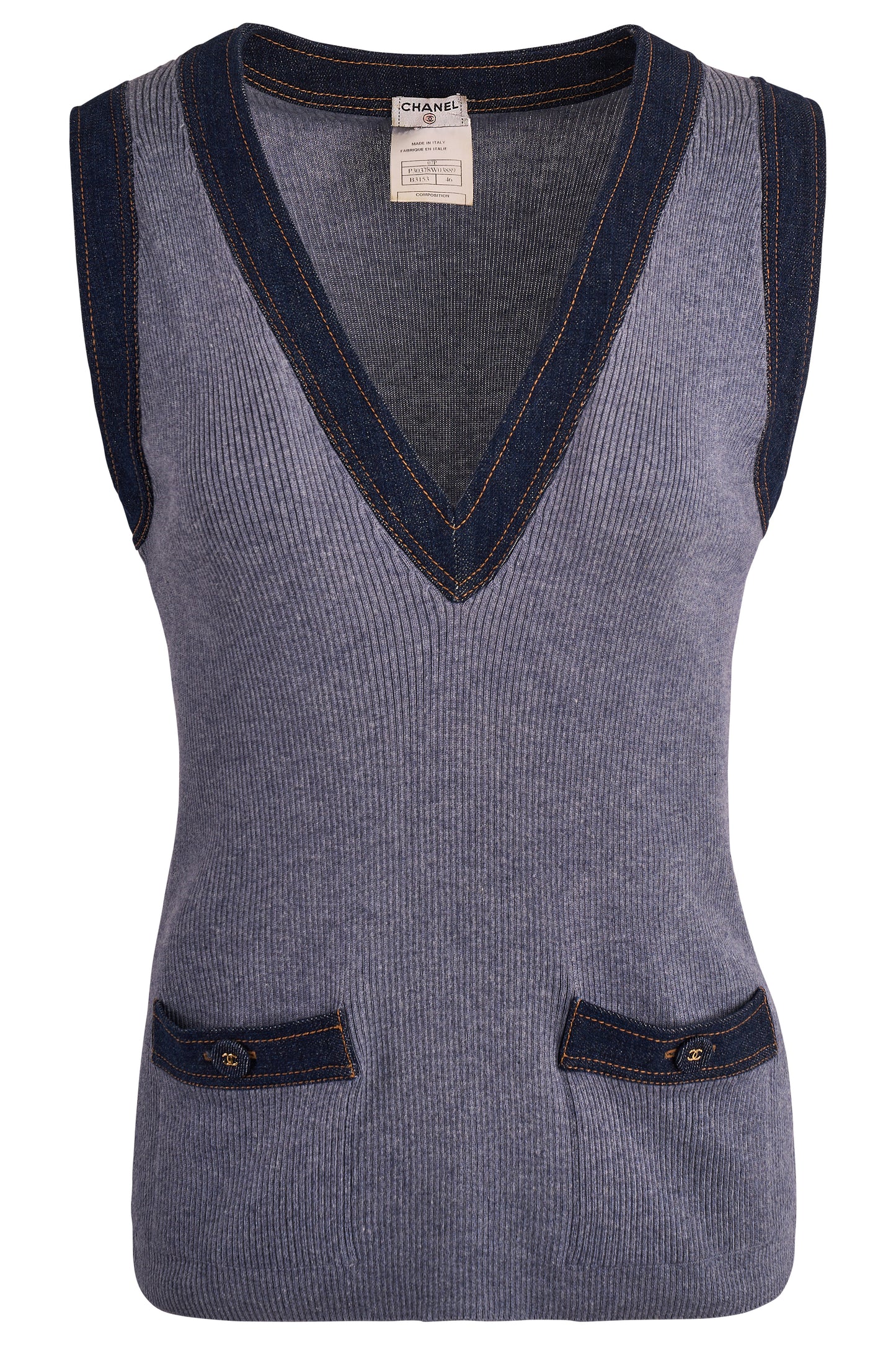 Vintage Chanel Plung V-Neck Denim Cashmere Knit Vest
