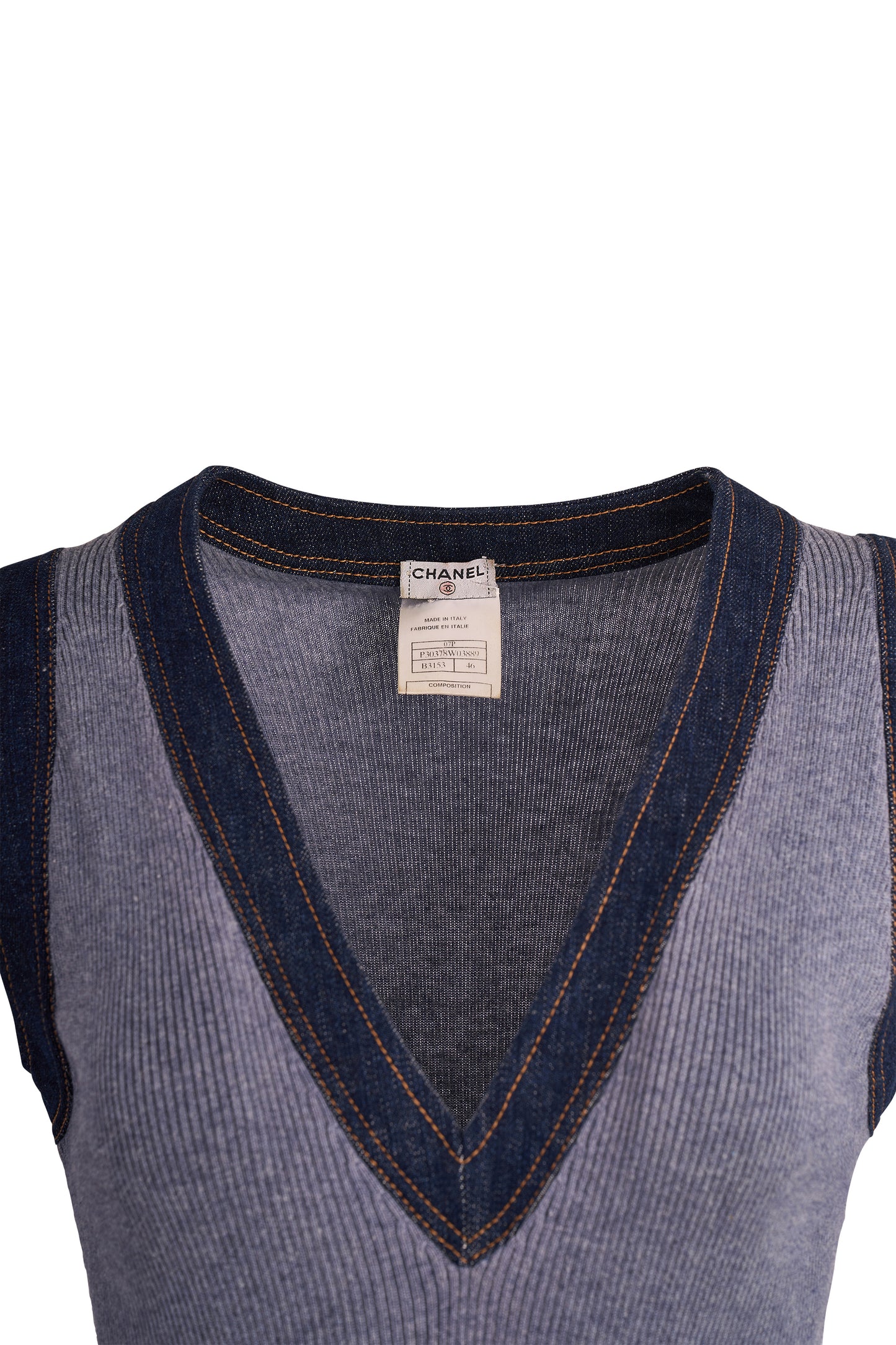 Vintage Chanel Plung V-Neck Denim Cashmere Knit Vest