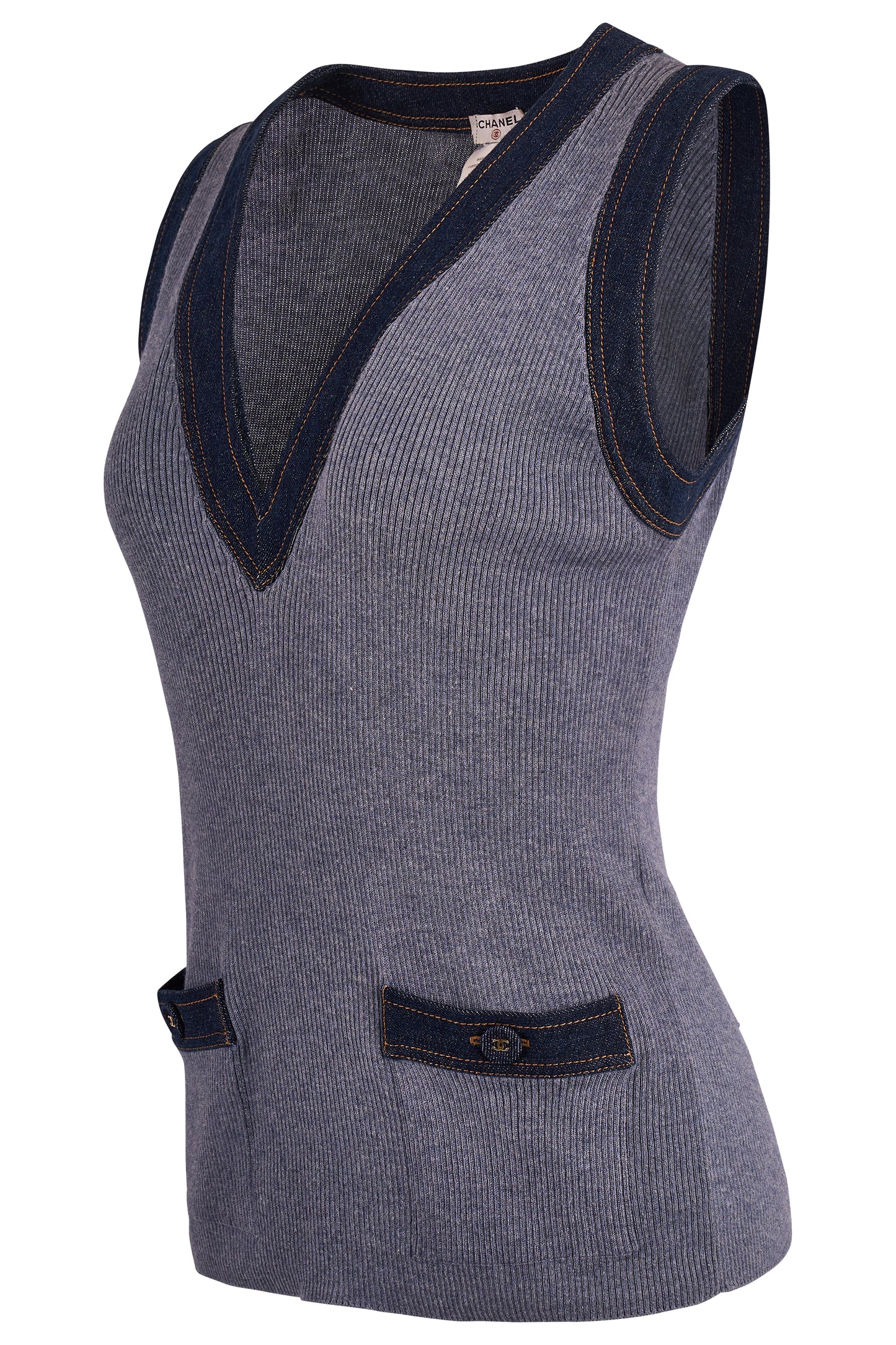Vintage Chanel Plung V-Neck Denim Cashmere Knit Vest