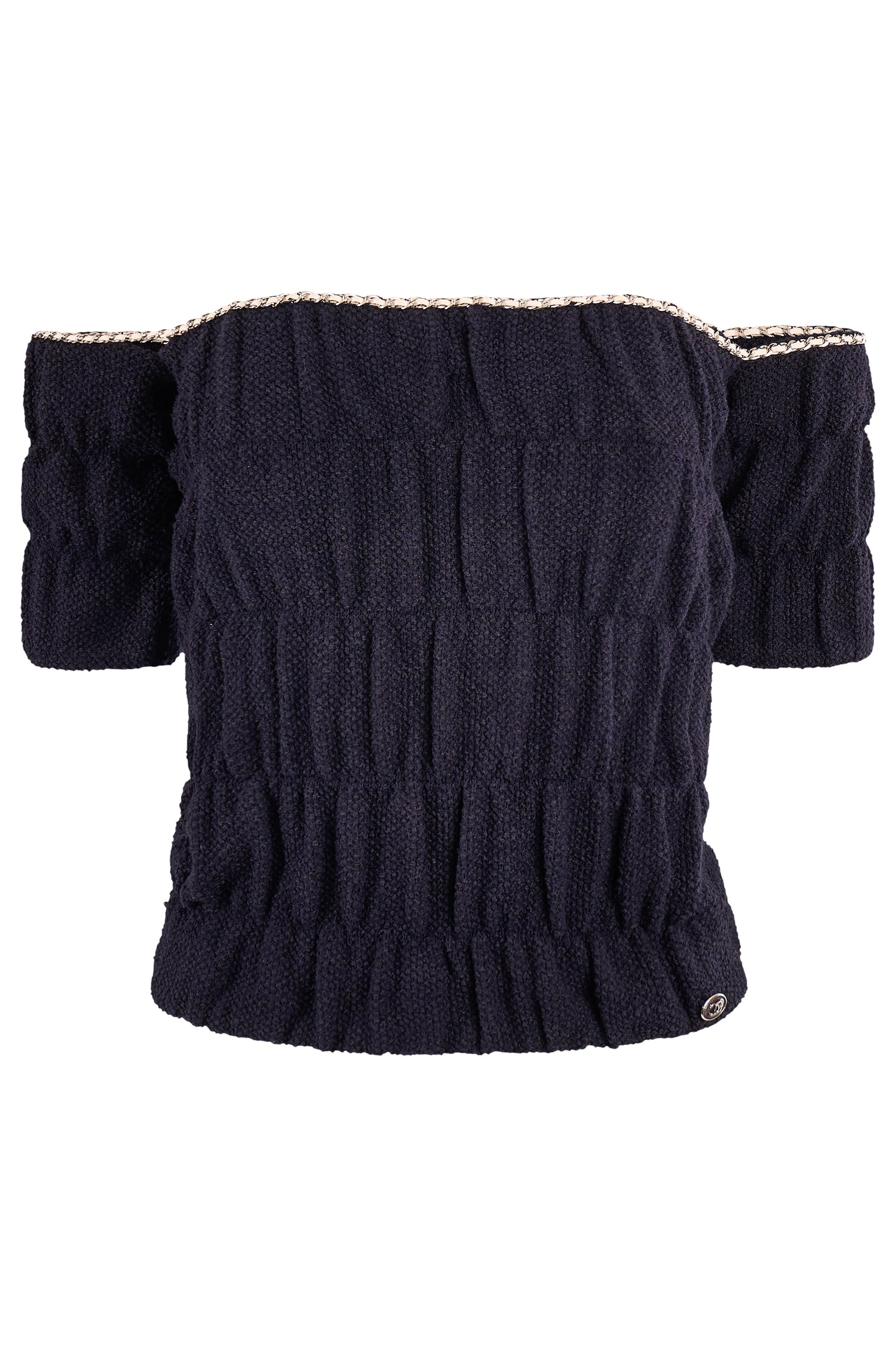 Chanel S/S 2021 Navy Blue Off Shoulder Knit Top