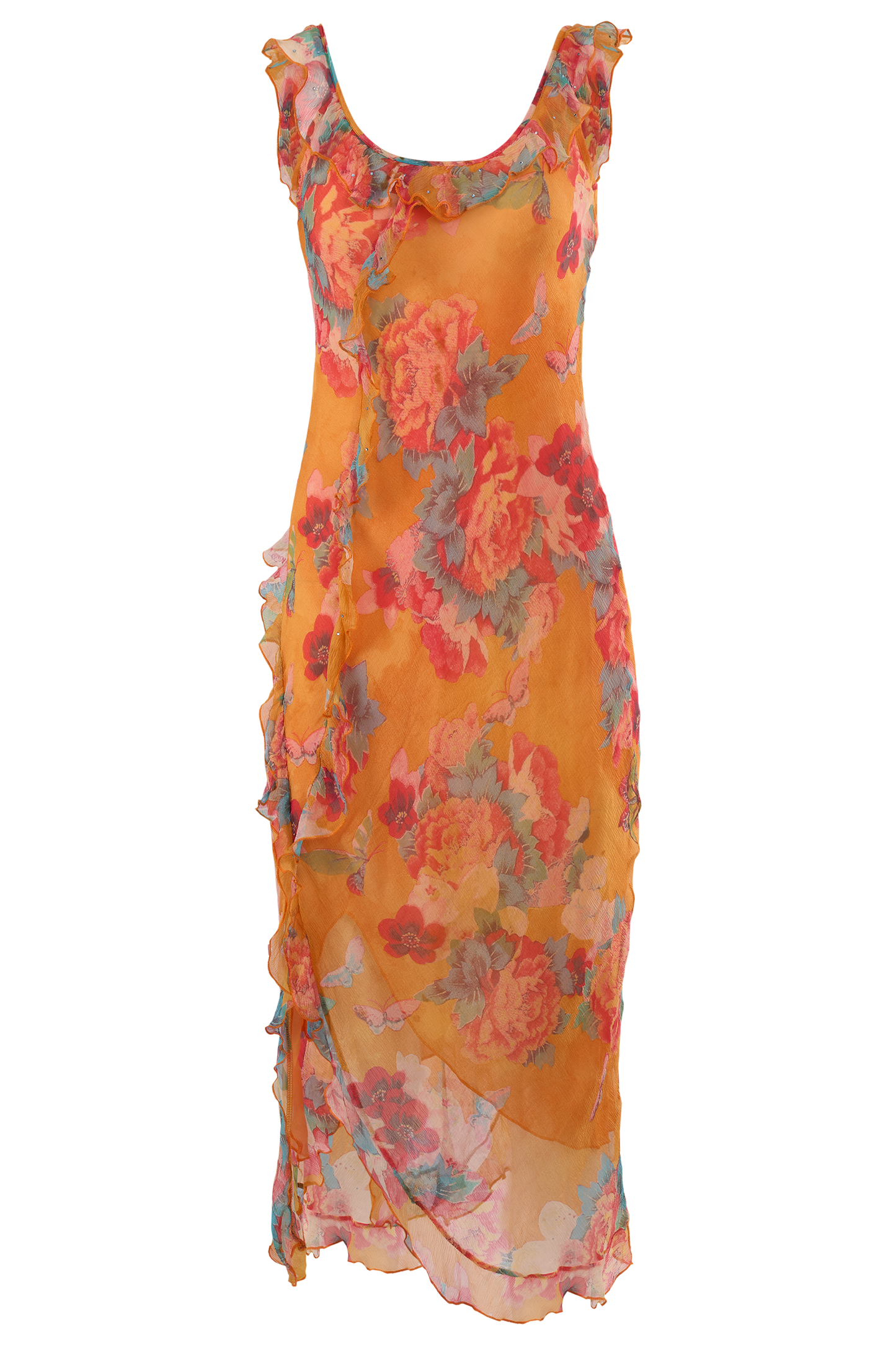 Vintage Orange Floral Print Silk Ruffles Dress