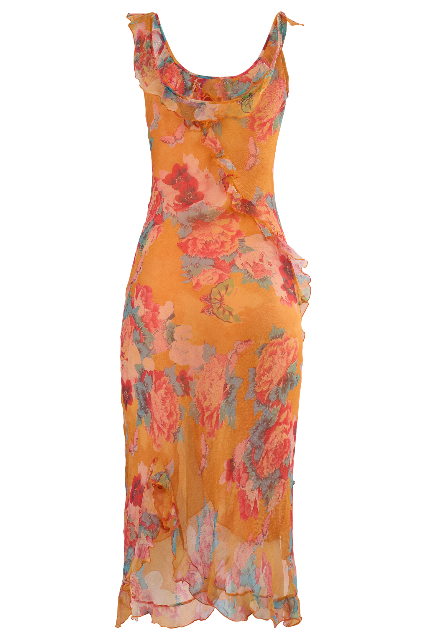 Vintage Orange Floral Print Silk Ruffles Dress