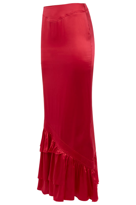 Vintage 2003 Roberto Cavalli Red Silk Maxi Ruffle Skirt