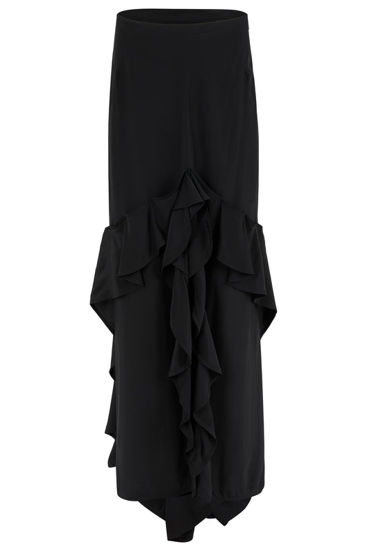 Vintage Yves Saint Laurent F/W 2003 Black Ruffled Silk Maxi Skirt