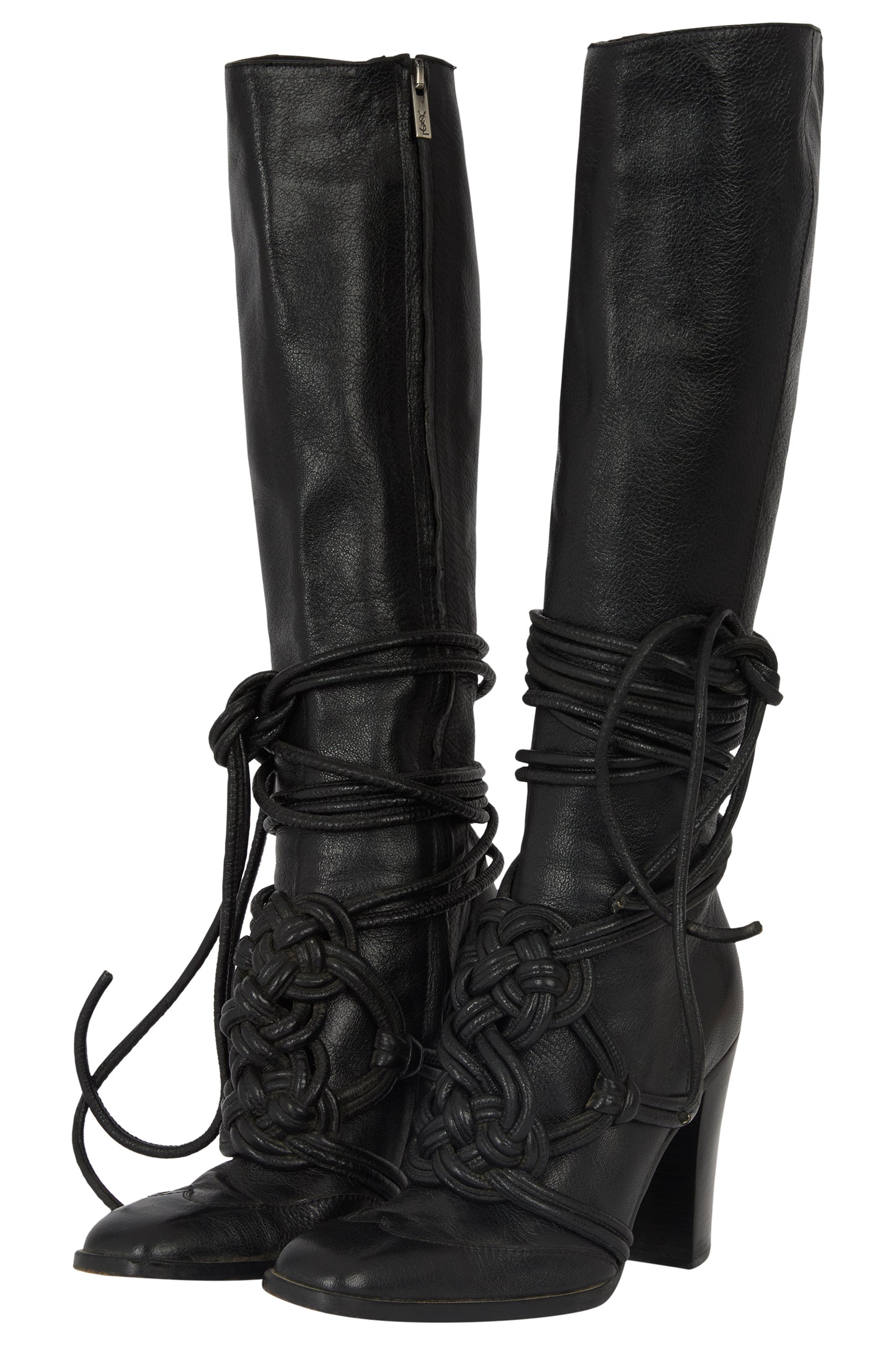 Vintage Yves Saint Laurent F/W 2001 Black Leather Lace High Boots