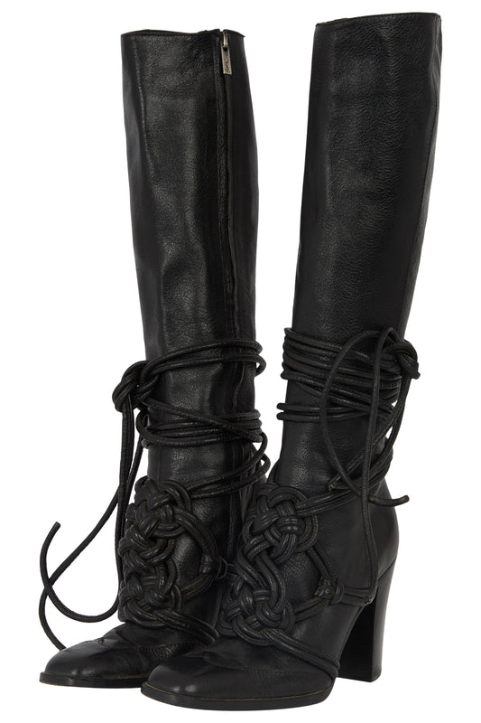 Vintage Yves Saint Laurent F/W 2001 Black Leather Lace High Boots
