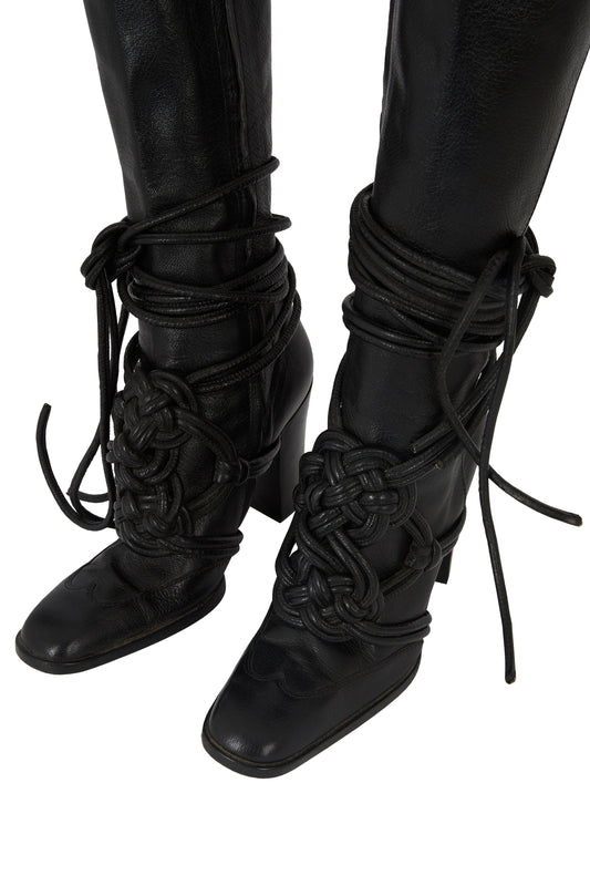 Vintage Yves Saint Laurent F/W 2001 Black Leather Lace High Boots