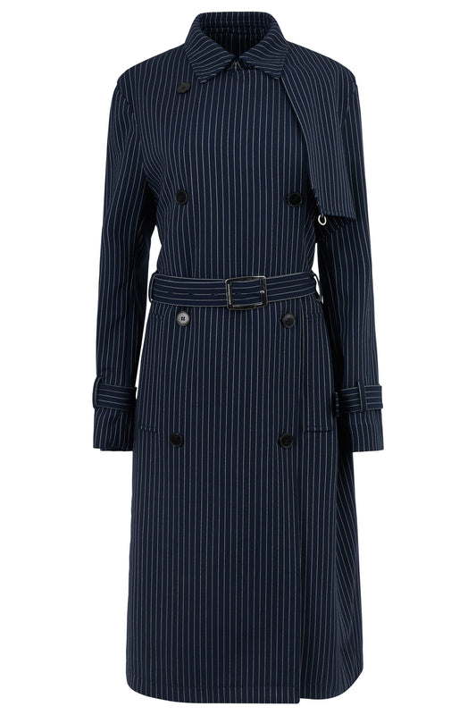 Paco Rabanne Resort 2019 Pinstripe Navy Blue Wool Trench Coat