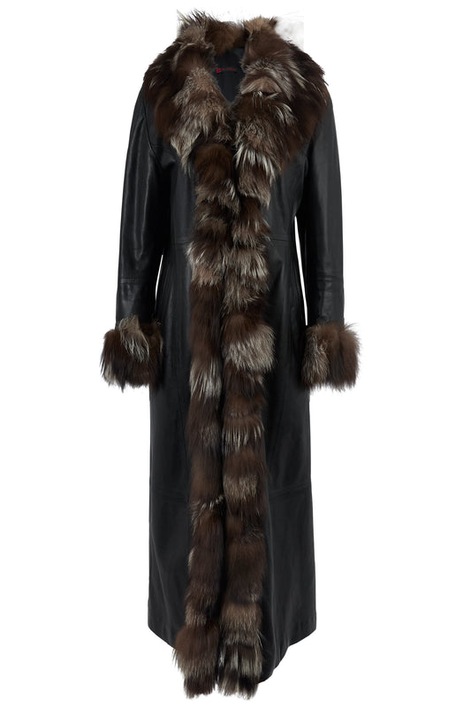 Vintage 2000's Fur Trim Brown Leather Maxi Coat