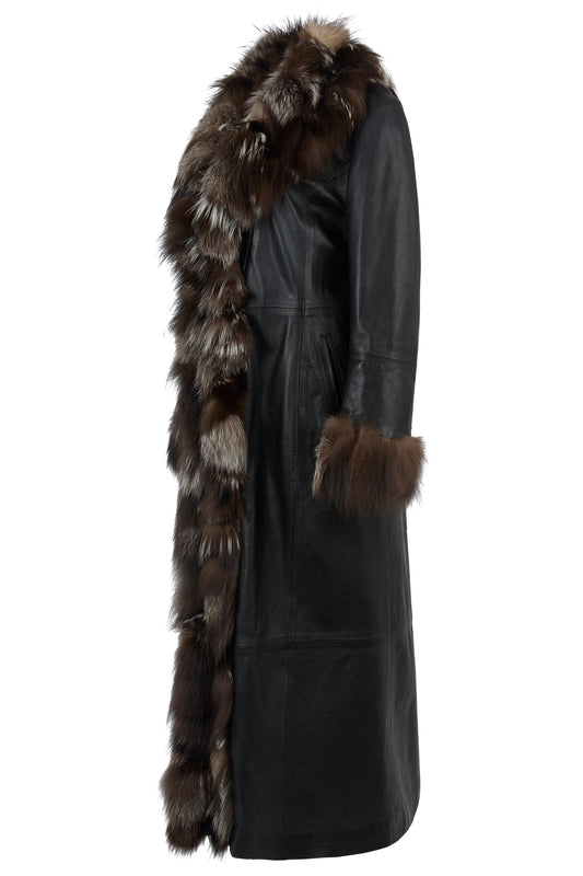 Vintage 2000's Fur Trim Brown Leather Maxi Coat