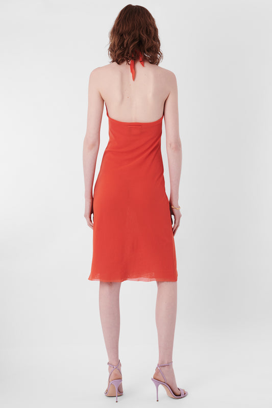 2000's Coral Halter Neck Mesh Dress