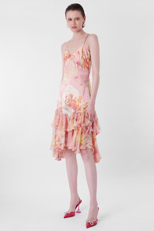 Vintage 2004 Pink Floral Ruffled Silk Dress