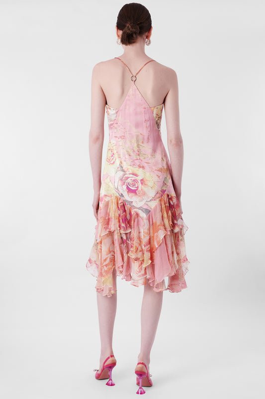 Vintage 2004 Pink Floral Ruffled Silk Dress