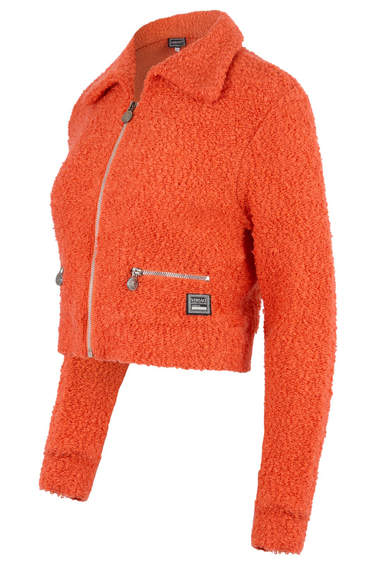 Vintage 1990's Versace Orange Textured Boucle Zip Jacket