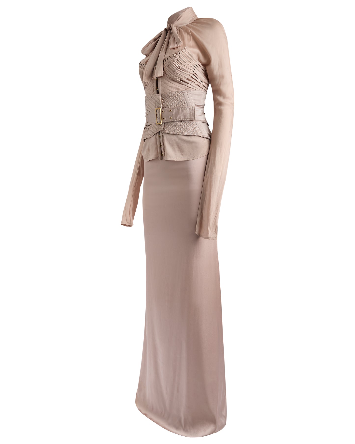 Rare Gucci By Tom Ford F/W 2003 Silk Nude Corset Maxi Skirt Set
