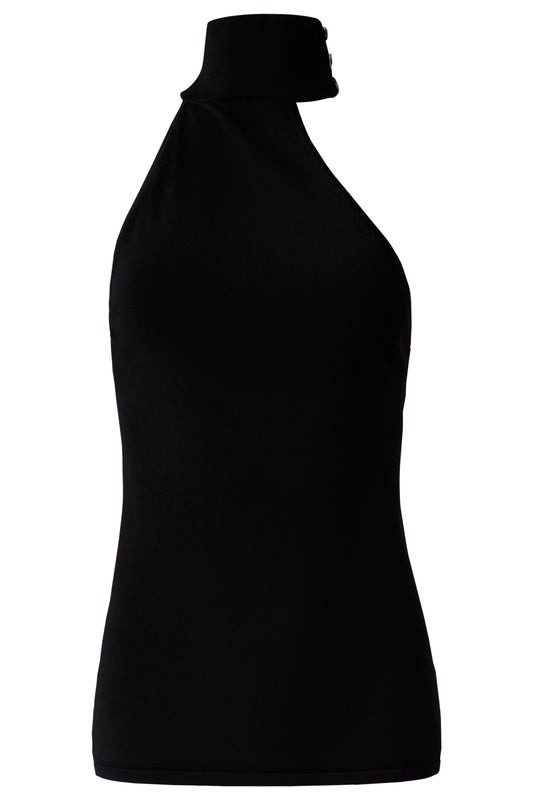 Vintage Deadstock 1990's Black Halter Knit Top with Crystal Button Detail