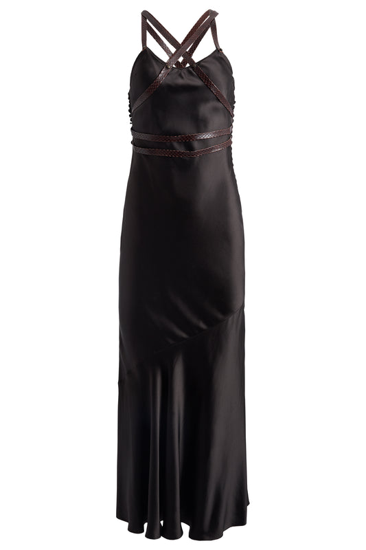 Vintage Christian Dior S/S 2001 Brown Bias Cut Leather Strap Gown