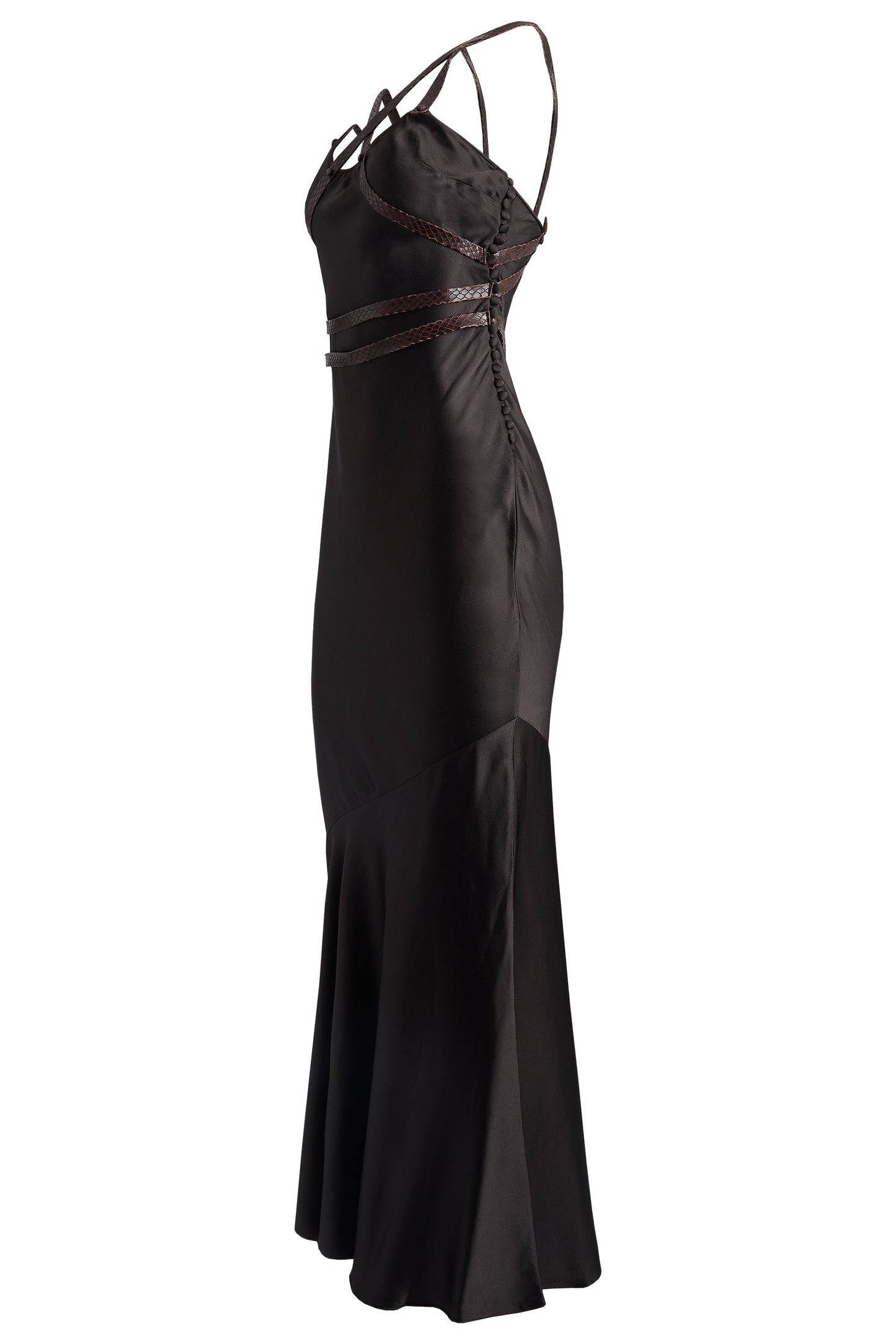 Vintage Christian Dior S/S 2001 Brown Bias Cut Leather Strap Gown