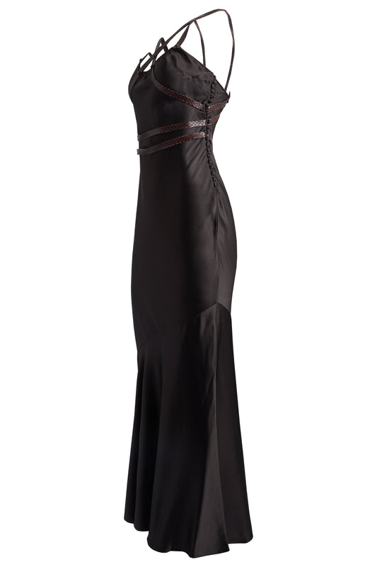 Vintage Christian Dior S/S 2001 Brown Bias Cut Leather Strap Gown